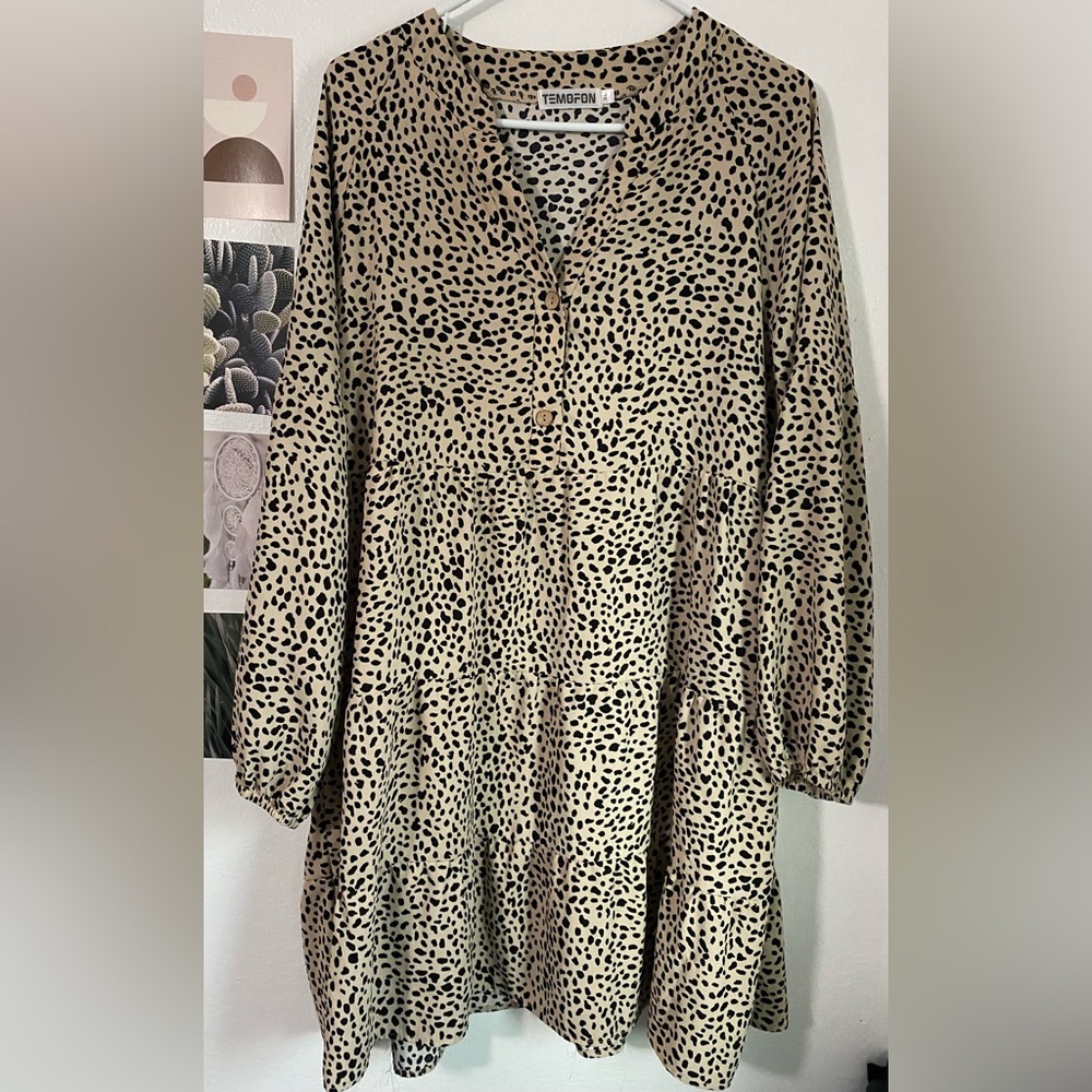 Beige Tiered Button-Front Dress with Black Spot Print